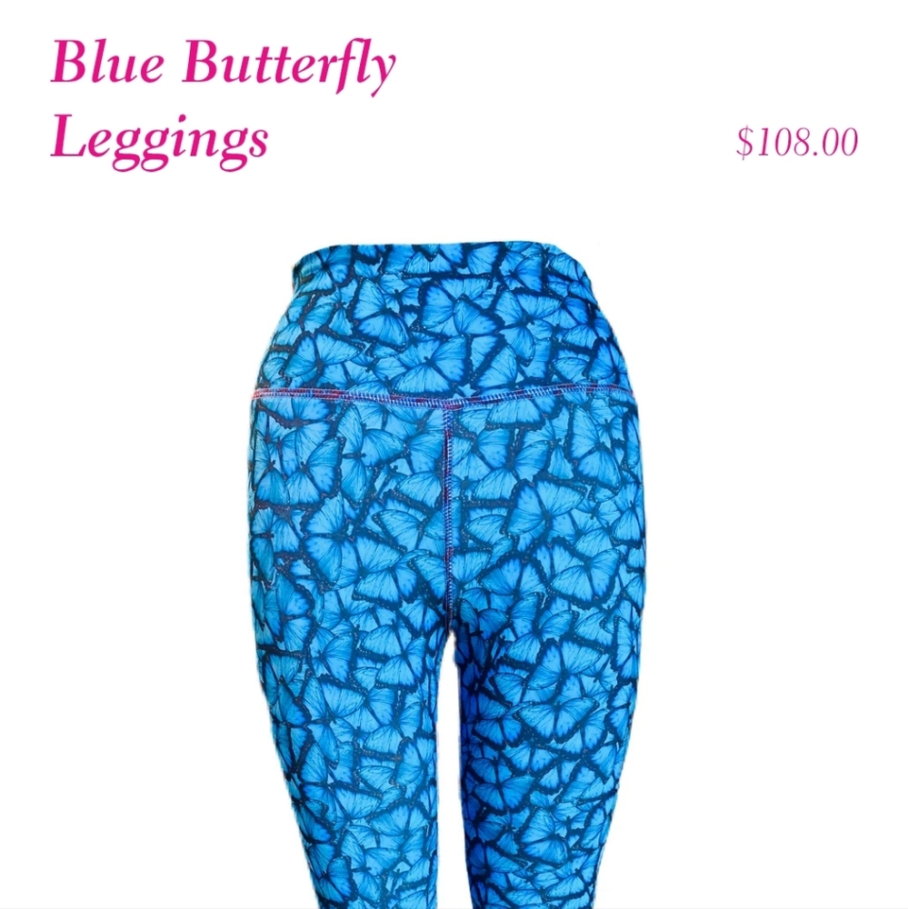 Blue Butterfly Print High-Waist Leggings
